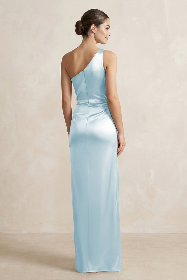 One - Shoulder Ruched Sheath Satin Bridesmaid Dress in Sky Blue - KissProm Bridesmaid Dresses