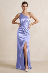 One - Shoulder Ruched Sheath Satin Bridesmaid Dress in Steel Blue - KissProm Bridesmaid Dresses