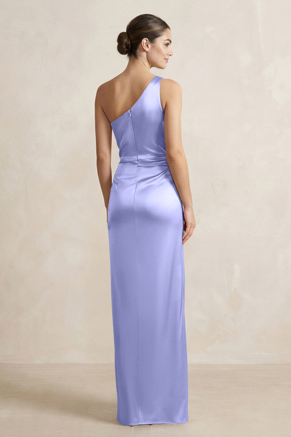 One - Shoulder Ruched Sheath Satin Bridesmaid Dress in Steel Blue - KissProm Bridesmaid Dresses