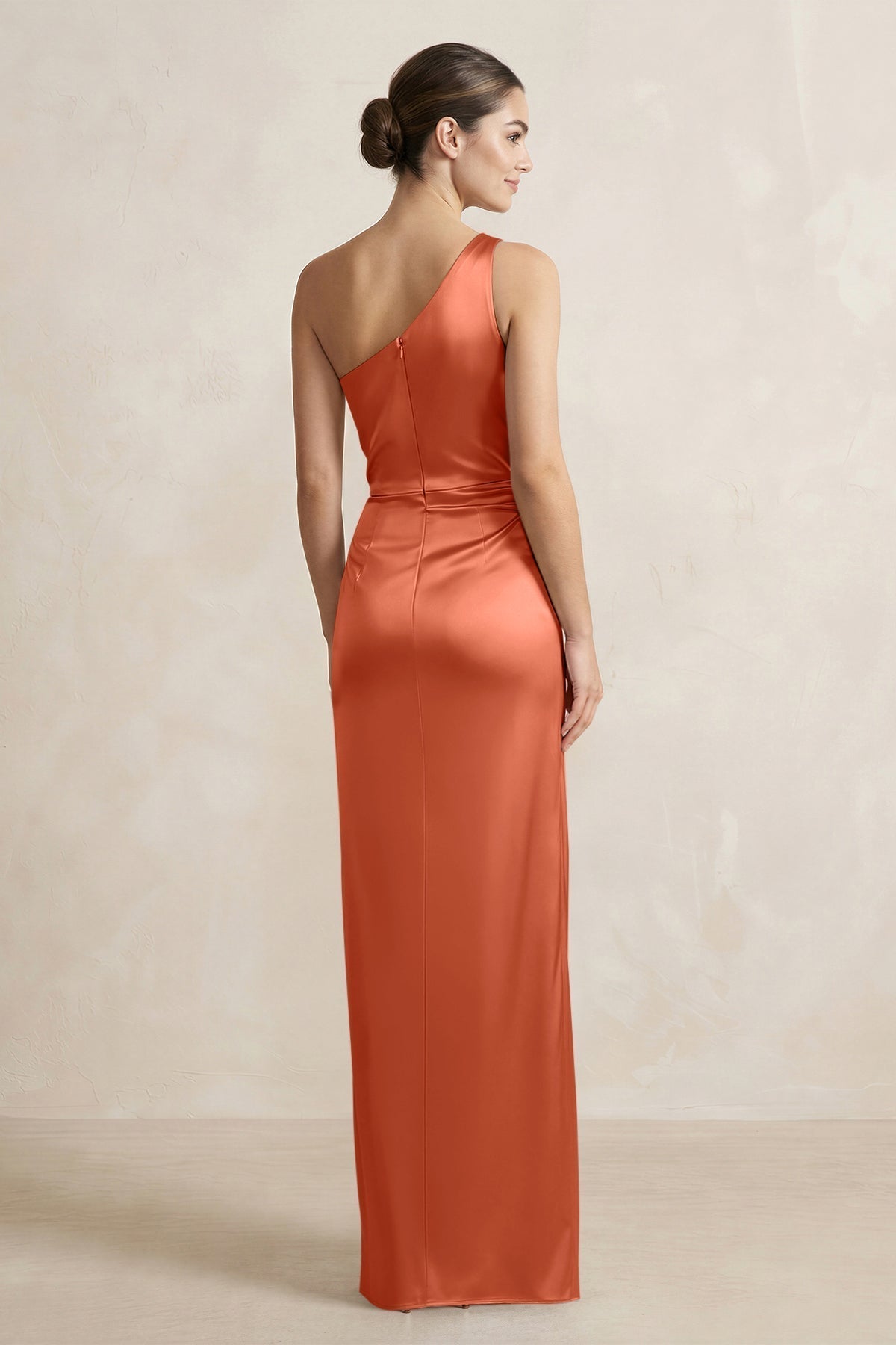 KissProm One-Shoulder Ruched Sheath Satin Bridesmaid Dress in Terracotta, Terracotta / 0