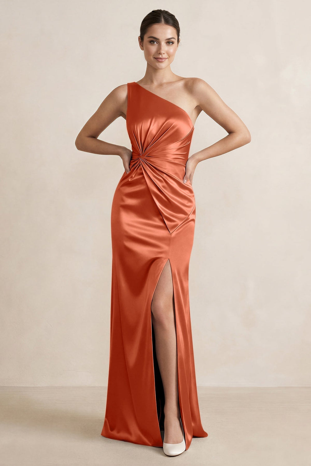 One - Shoulder Ruched Sheath Satin Bridesmaid Dress in Terracotta - KissProm Bridesmaid Dresses