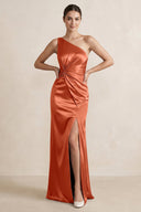 One - Shoulder Ruched Sheath Satin Bridesmaid Dress in Terracotta - KissProm Bridesmaid Dresses