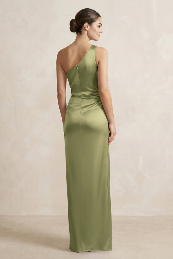 One - Shoulder Ruched Sheath Satin Bridesmaid Dress in Thyme - KissProm Bridesmaid Dresses