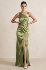 One - Shoulder Ruched Sheath Satin Bridesmaid Dress in Thyme - KissProm Bridesmaid Dresses
