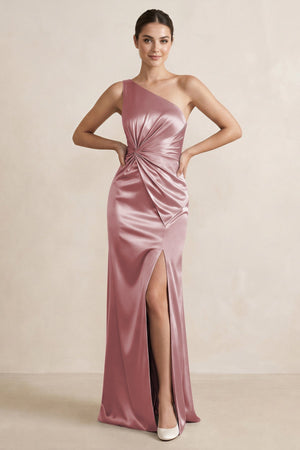One - Shoulder Ruched Sheath Satin Bridesmaid Dress in Toffee - KissProm Bridesmaid Dresses