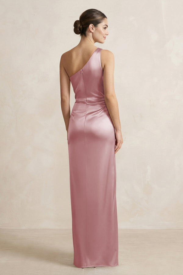 One - Shoulder Ruched Sheath Satin Bridesmaid Dress in Toffee - KissProm Bridesmaid Dresses