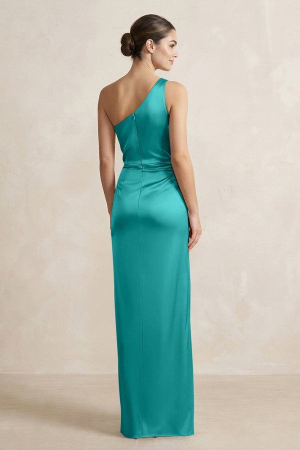 One - Shoulder Ruched Sheath Satin Bridesmaid Dress in Turquoise - KissProm Bridesmaid Dresses