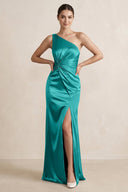One - Shoulder Ruched Sheath Satin Bridesmaid Dress in Turquoise - KissProm Bridesmaid Dresses