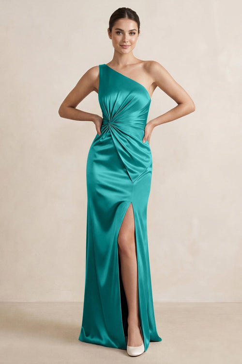 One - Shoulder Ruched Sheath Satin Bridesmaid Dress in Turquoise - KissProm Bridesmaid Dresses