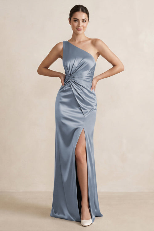 One - Shoulder Ruched Sheath Satin Bridesmaid Dress in Twilight - KissProm Bridesmaid Dresses