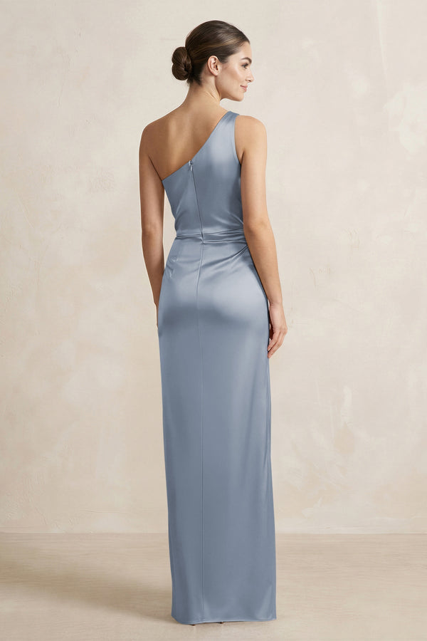 One - Shoulder Ruched Sheath Satin Bridesmaid Dress in Twilight - KissProm Bridesmaid Dresses