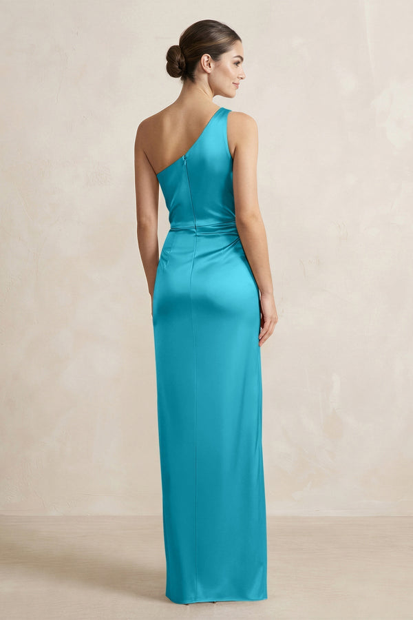 One - Shoulder Ruched Sheath Satin Bridesmaid Dress in Viridian Green - KissProm Bridesmaid Dresses