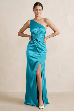 One - Shoulder Ruched Sheath Satin Bridesmaid Dress in Viridian Green - KissProm Bridesmaid Dresses