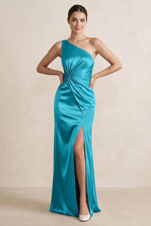 One - Shoulder Ruched Sheath Satin Bridesmaid Dress in Viridian Green - KissProm Bridesmaid Dresses