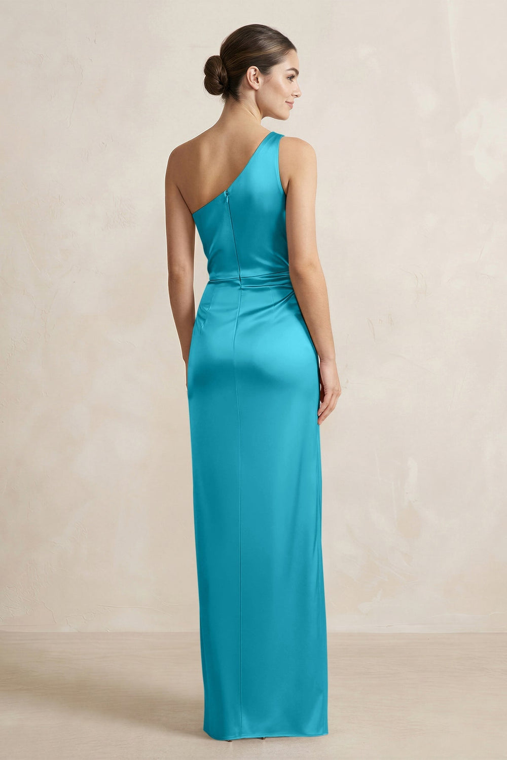 One - Shoulder Ruched Sheath Satin Bridesmaid Dress in Viridian Green - KissProm Bridesmaid Dresses