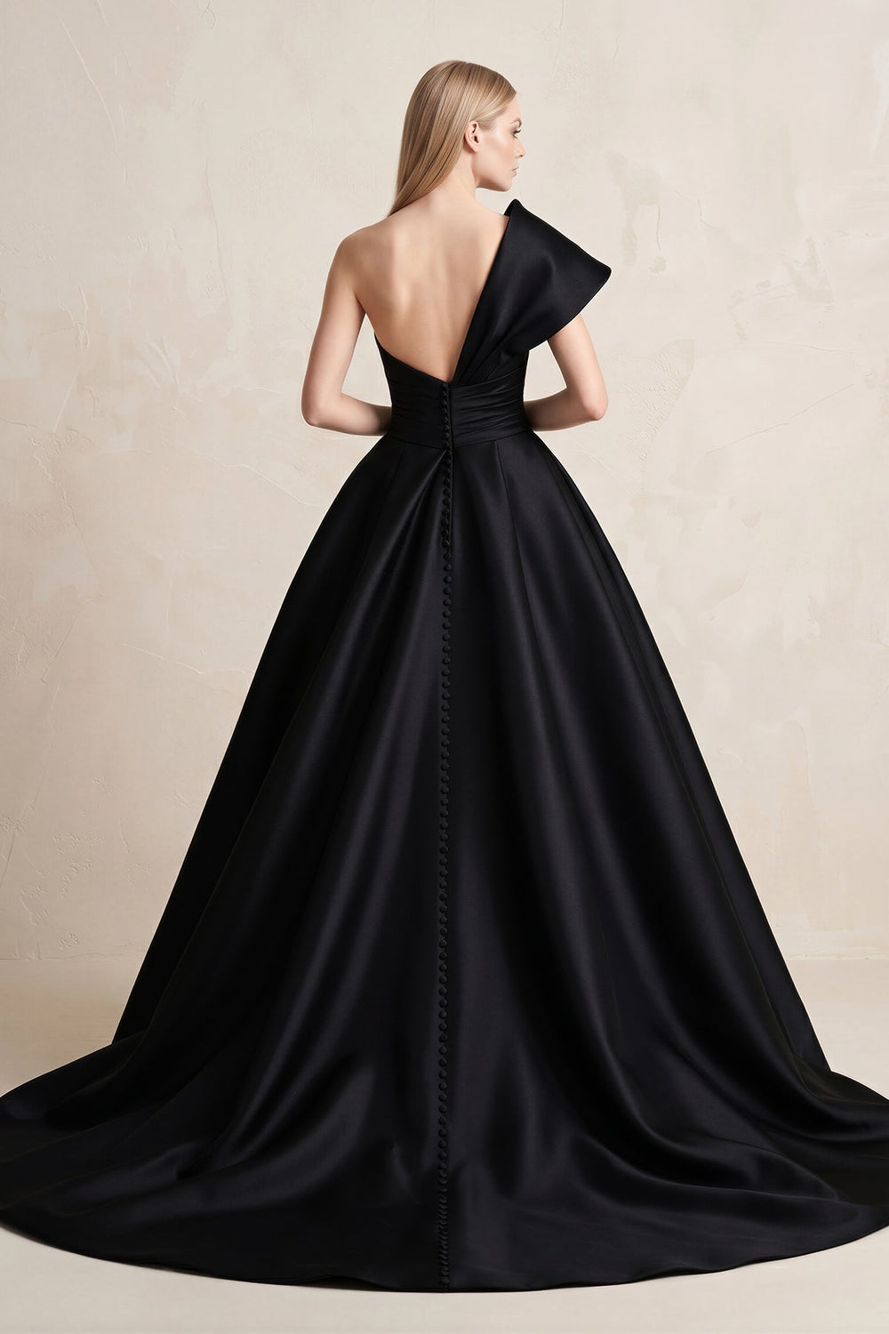 One - Shoulder Satin Ball Gown Wedding Dress in Black - KissProm Wedding Dresses