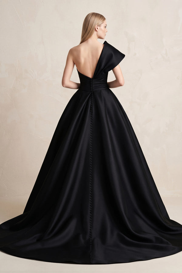 One - Shoulder Satin Ball Gown Wedding Dress in Black - KissProm Wedding Dresses