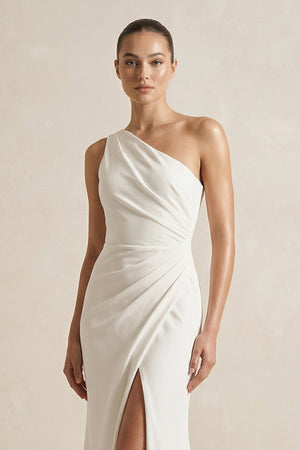 One - Shoulder Satin Mermaid Ruched Wedding Dress With Slit in Ivory - KissProm Wedding Dresses