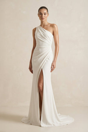 One - Shoulder Satin Mermaid Ruched Wedding Dress With Slit in Ivory - KissProm Wedding Dresses