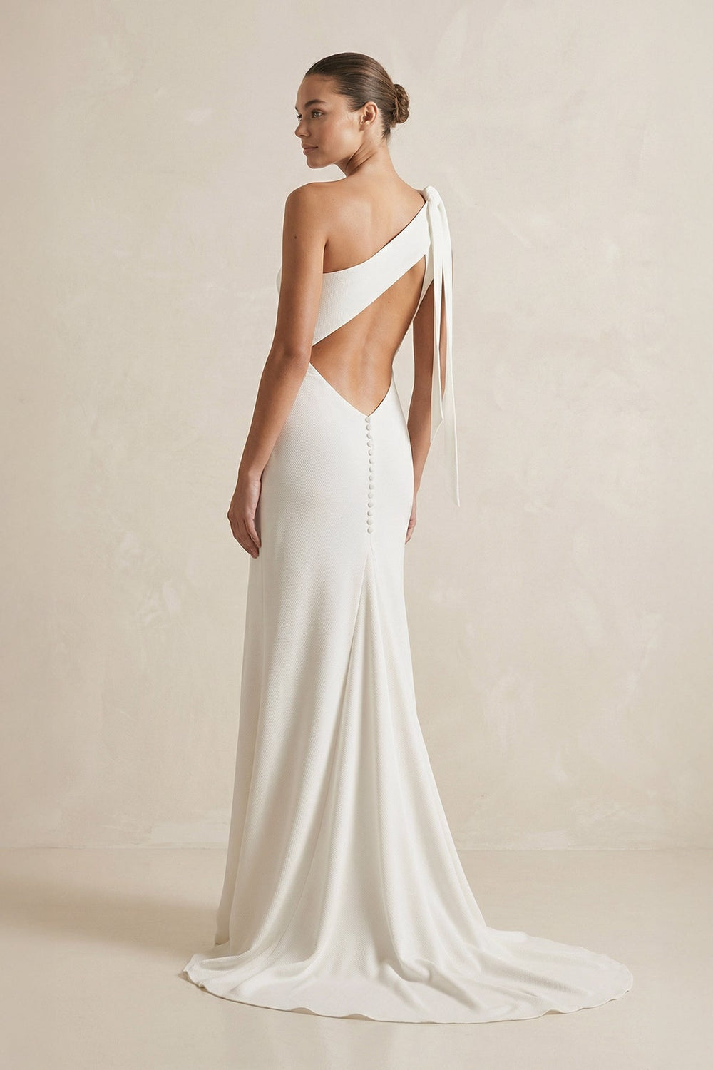 One - Shoulder Satin Mermaid Ruched Wedding Dress With Slit in Ivory - KissProm Wedding Dresses