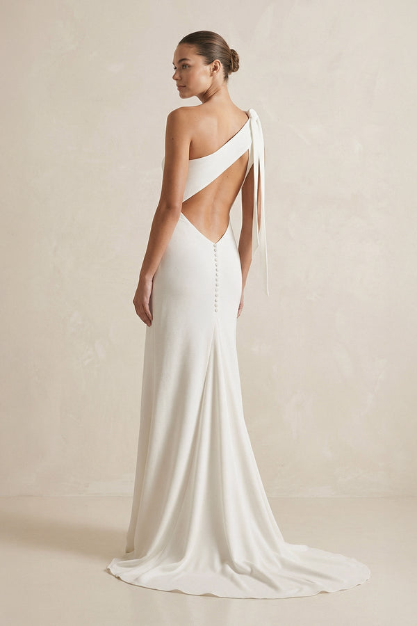 One - Shoulder Satin Mermaid Ruched Wedding Dress With Slit in Ivory - KissProm Wedding Dresses