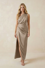 One - Shoulder Satin Ruched Sheath Bridesmaid Dress in Almond - KissProm Bridesmaid Dresses