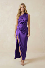 One - Shoulder Satin Ruched Sheath Bridesmaid Dress in Amethyst - KissProm Bridesmaid Dresses