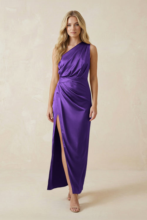 One - Shoulder Satin Ruched Sheath Bridesmaid Dress in Amethyst - KissProm Bridesmaid Dresses