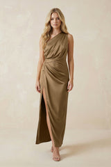 One - Shoulder Satin Ruched Sheath Bridesmaid Dress in Apple Cinnamon - KissProm Bridesmaid Dresses