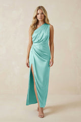 One - Shoulder Satin Ruched Sheath Bridesmaid Dress in Aqua - KissProm Bridesmaid Dresses