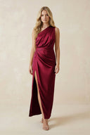 One - Shoulder Satin Ruched Sheath Bridesmaid Dress in Berry - KissProm Bridesmaid Dresses