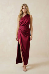 One - Shoulder Satin Ruched Sheath Bridesmaid Dress in Berry - KissProm Bridesmaid Dresses