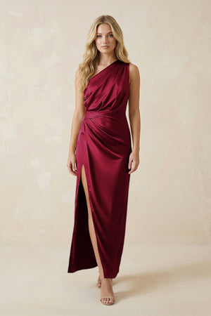 One - Shoulder Satin Ruched Sheath Bridesmaid Dress in Berry - KissProm Bridesmaid Dresses