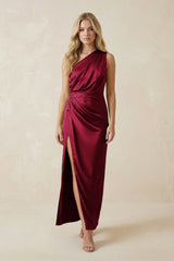 One - Shoulder Satin Ruched Sheath Bridesmaid Dress in Berry - KissProm Bridesmaid Dresses
