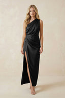 One - Shoulder Satin Ruched Sheath Bridesmaid Dress in Black - KissProm Bridesmaid Dresses