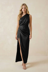 One - Shoulder Satin Ruched Sheath Bridesmaid Dress in Black - KissProm Bridesmaid Dresses