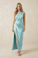 One - Shoulder Satin Ruched Sheath Bridesmaid Dress in Bleached Aqua - KissProm Bridesmaid Dresses