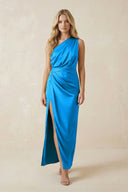One - Shoulder Satin Ruched Sheath Bridesmaid Dress in Blue Jay - KissProm Bridesmaid Dresses