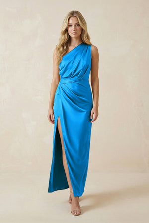 One - Shoulder Satin Ruched Sheath Bridesmaid Dress in Blue Jay - KissProm Bridesmaid Dresses