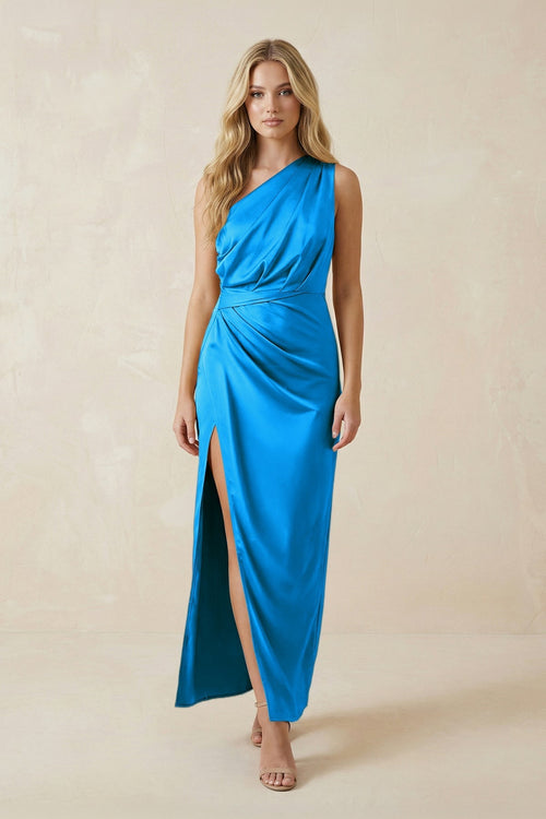 One - Shoulder Satin Ruched Sheath Bridesmaid Dress in Blue Jay - KissProm Bridesmaid Dresses