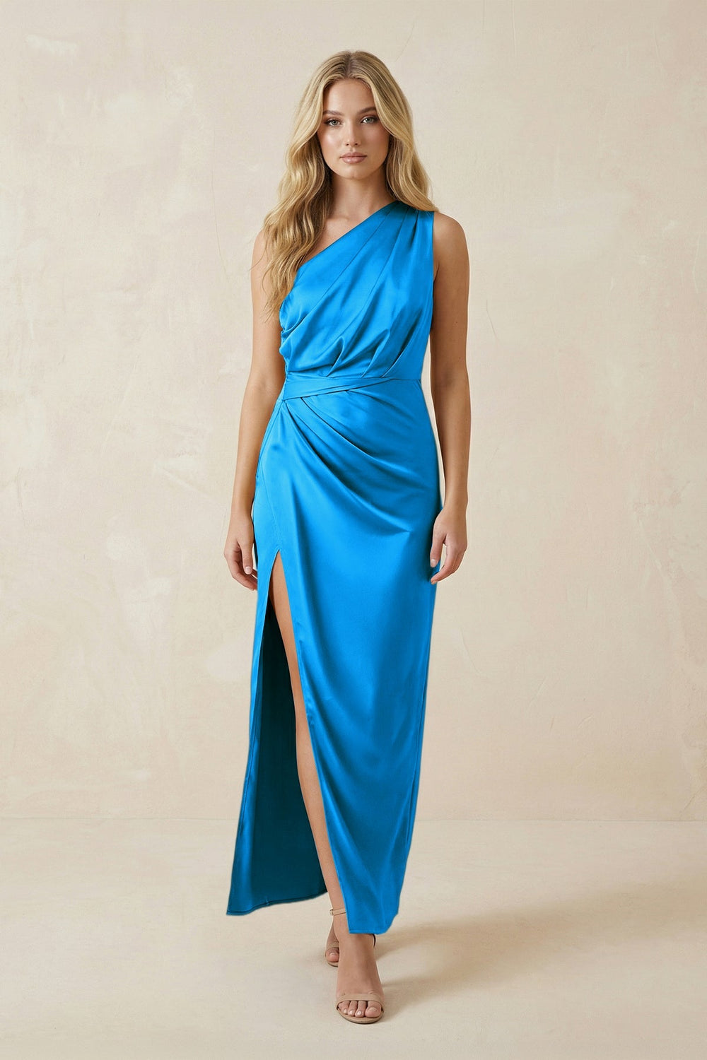 One - Shoulder Satin Ruched Sheath Bridesmaid Dress in Blue Jay - KissProm Bridesmaid Dresses