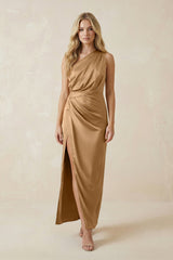 One - Shoulder Satin Ruched Sheath Bridesmaid Dress in Bronzer - KissProm Bridesmaid Dresses