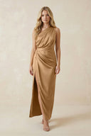 One - Shoulder Satin Ruched Sheath Bridesmaid Dress in Bronzer - KissProm Bridesmaid Dresses