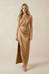 One - Shoulder Satin Ruched Sheath Bridesmaid Dress in Bronzer - KissProm Bridesmaid Dresses