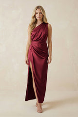 One - Shoulder Satin Ruched Sheath Bridesmaid Dress in Burgundy - KissProm Bridesmaid Dresses