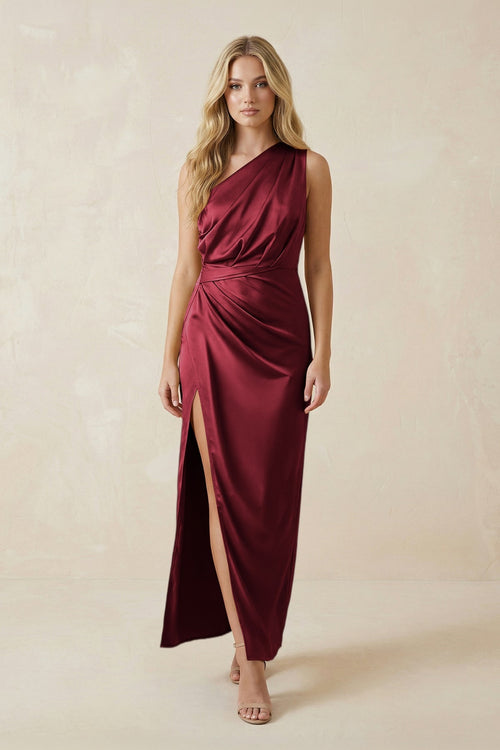 One - Shoulder Satin Ruched Sheath Bridesmaid Dress in Burgundy - KissProm Bridesmaid Dresses