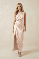 One - Shoulder Satin Ruched Sheath Bridesmaid Dress in Buttercream - KissProm Bridesmaid Dresses