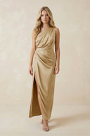 One - Shoulder Satin Ruched Sheath Bridesmaid Dress in Champagne - KissProm Bridesmaid Dresses