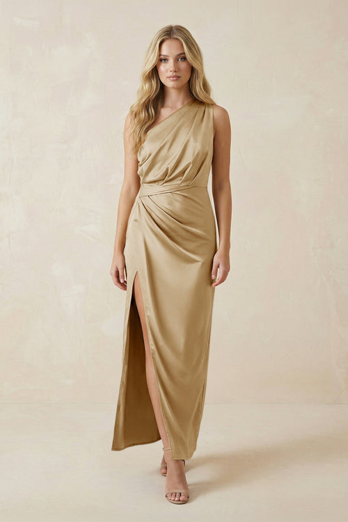 One - Shoulder Satin Ruched Sheath Bridesmaid Dress in Champagne - KissProm Bridesmaid Dresses