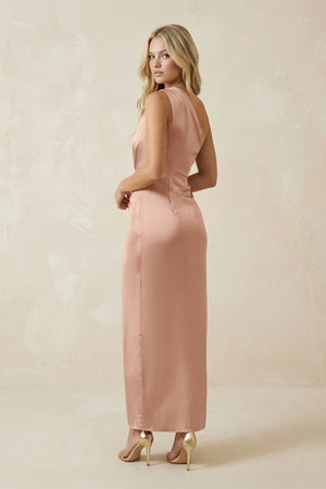 One - Shoulder Satin Ruched Sheath Bridesmaid Dress in Champagne Rose - KissProm Bridesmaid Dresses